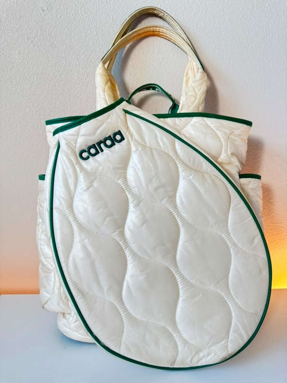 Caraa White Quilted Tennis Duffle Bag with Green Trim Pre-Owned